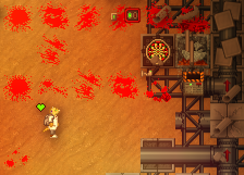 a ferret person observes the damage caused by a bomb to the bar on a desert planet. the dart board is unscathed